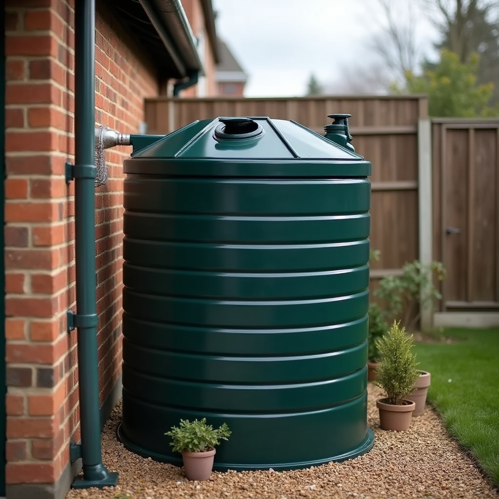 Above-ground rainwater storage tank positioned in a garden corner next to a downpipe