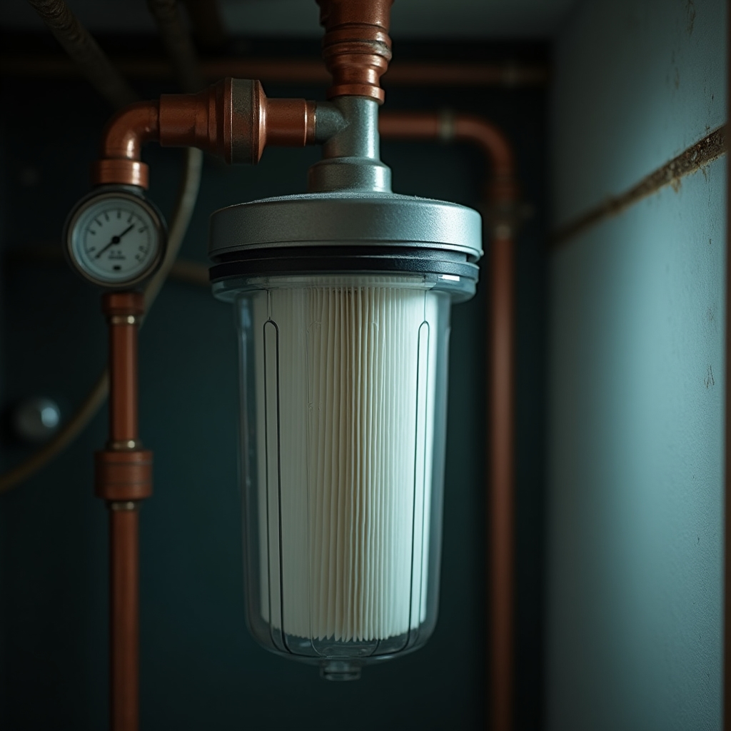 Close-up of a rainwater filtration cartridge unit installed in a utility room