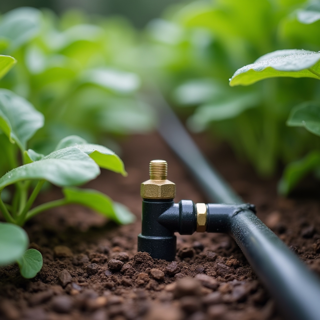 Drip irrigation line connected to a garden tap fed by a rainwater harvesting tank