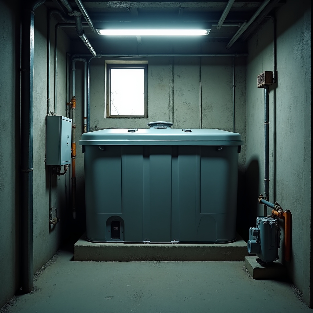 Commercial plant room with pipework and a rainwater storage cistern integrated alongside existing building services
